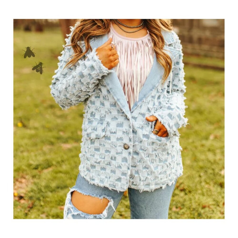 NWT 2FLY (TWOFLY.CO) "Checkity Check" Denim Long Sleeve Blazer Light Wash Size S